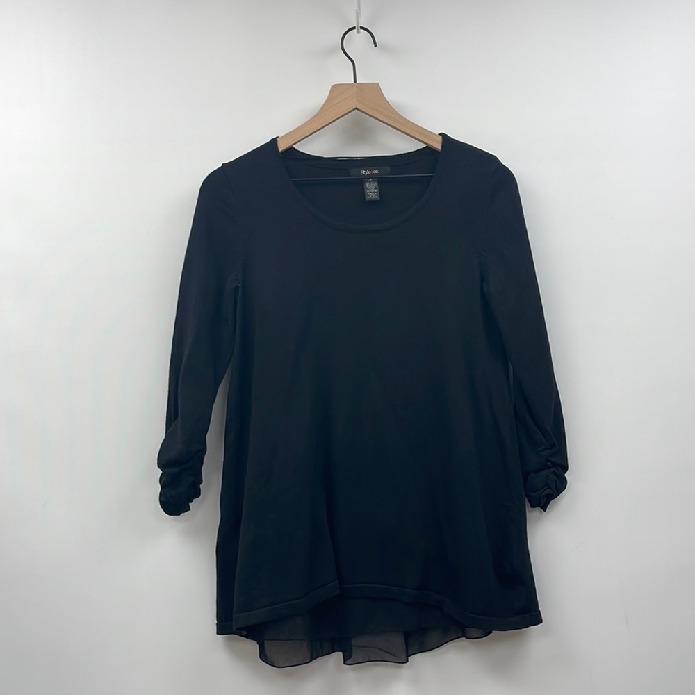 Style & Co Knit 3/4 Ruched Sleeve Crewneck Sweater Minimalist Black Small